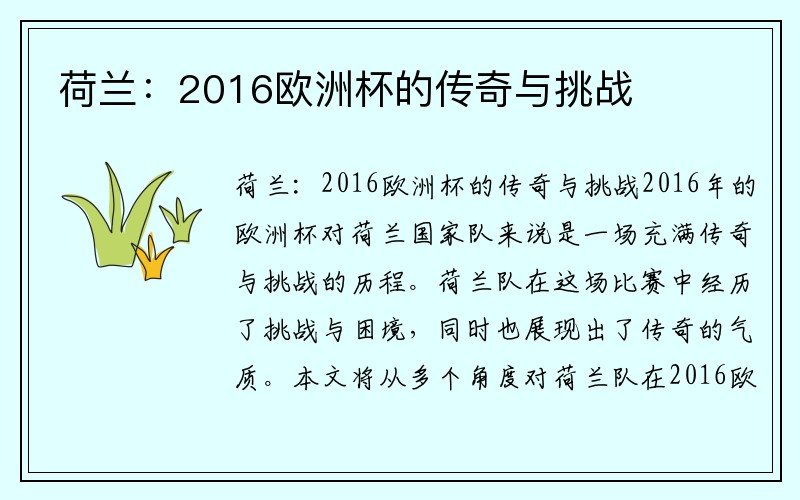 荷兰：2016欧洲杯的传奇与挑战